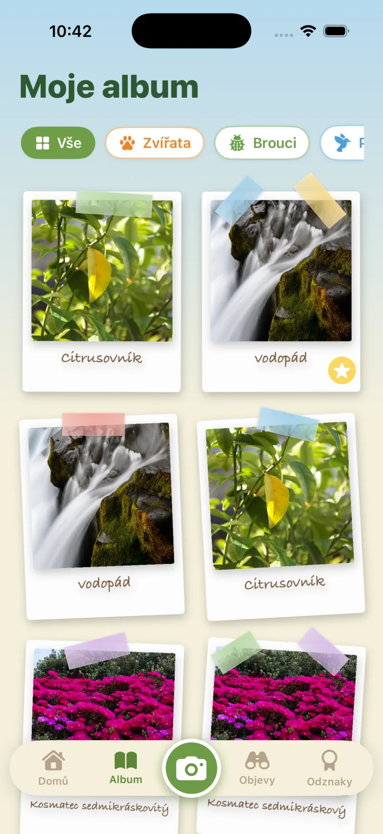 Album objevů v aplikaci Objevitel