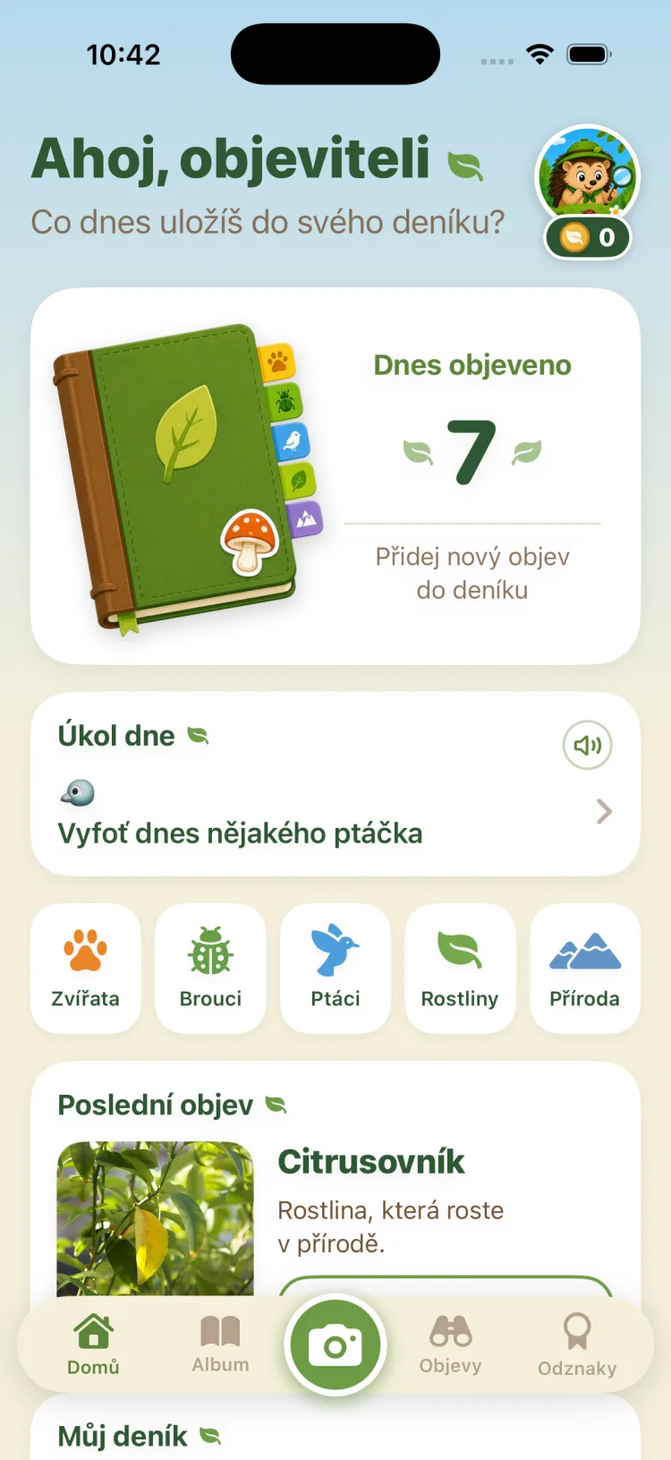 Domovská obrazovka aplikace Objevitel
